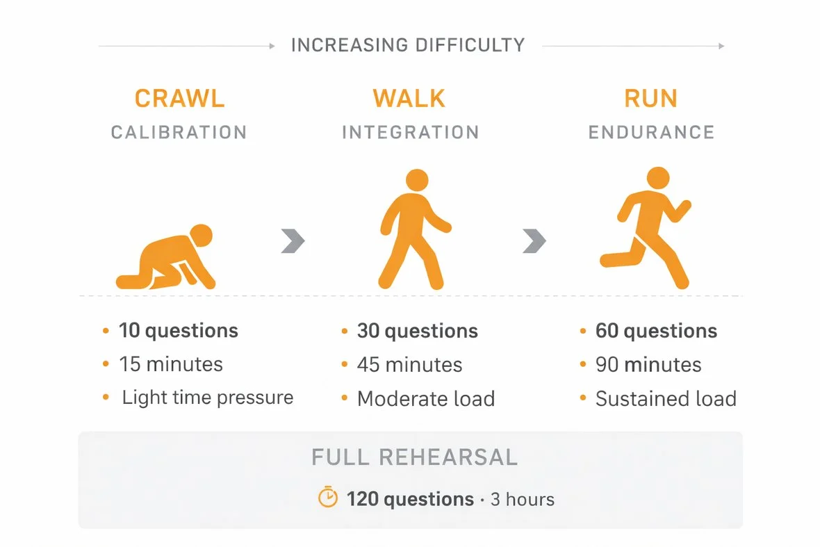 Crawl, Walk, Run progression of increasing difficulty: Crawl (calibration) 10 questions in 15 minutes with light time pressure; Walk (integration) 30 questions in 45 minutes at moderate load; Run (endurance) 60 questions in 90 minutes at sustained load; building to a full rehearsal of 120 questions over 3 hours.