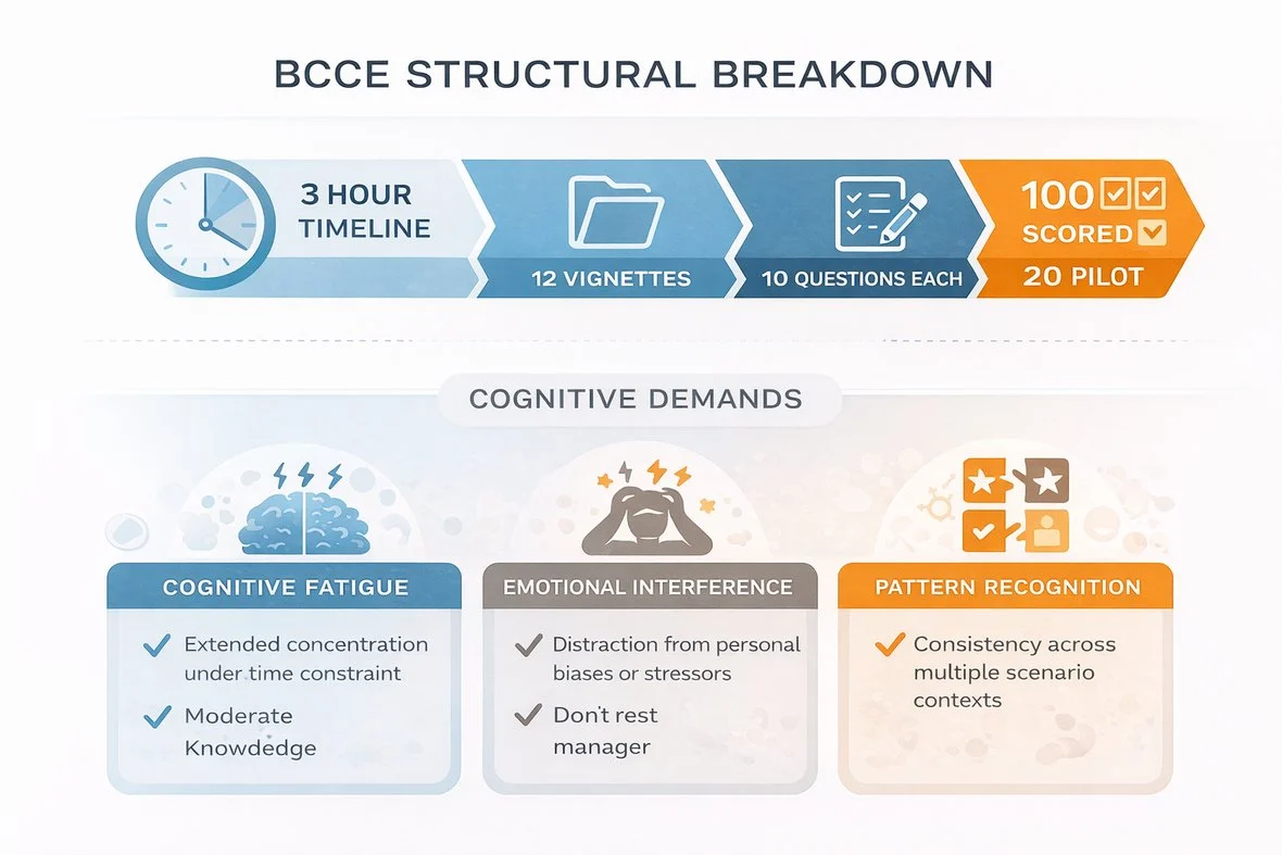 BCCE structural breakdown: a 3-hour timeline, 12 vignettes, 10 questions each, 100 scored plus 20 pilot questions, with cognitive demands of fatigue under time pressure, emotional interference, and pattern recognition across scenarios.